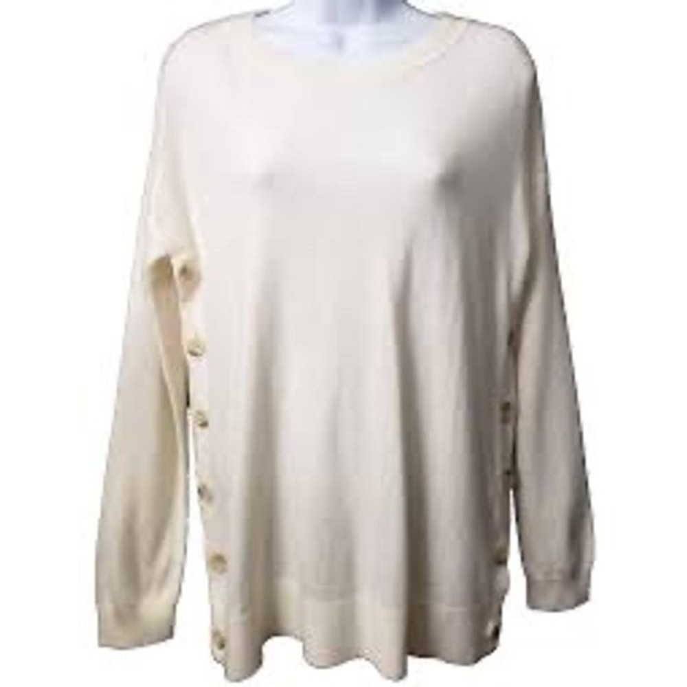 Boden Womens Cream Ivory Side Button Crew Neck wool cashmere Knit Sweater Size M